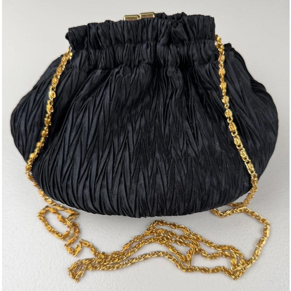Vintage Black Satin Pleated‎ Evening Bag Gold Chain Kiss Lock Clutch Pouch